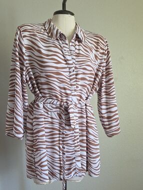 Cato Brown and White Zebra-Print Long-Sleeve Shirt Dress